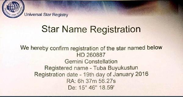 Tuba Büyüküstün İçin Takım Yıldızı Sertifikası Satın Aldı